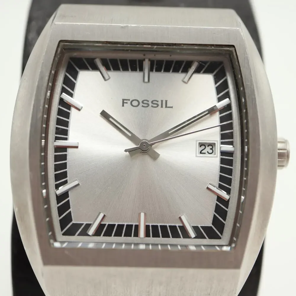 Vintage Fossil Y2k Silver Tone 38mm Date Watch Black Leather Bund w New Battery